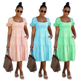 Solid High Waist Short Sleeve Midi Dress SFY-2170