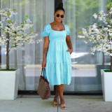 Solid High Waist Short Sleeve Midi Dress SFY-2170