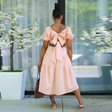 Solid High Waist Short Sleeve Midi Dress SFY-2170