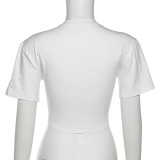 Fashion Letter Embroidery Short Sleeve Tie Up Crop Top XEF-K22L14492