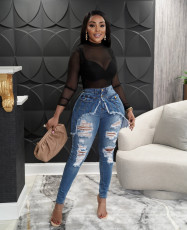 Denim Ripped Hole Skinny Jeans Pencil Pants LX-6934