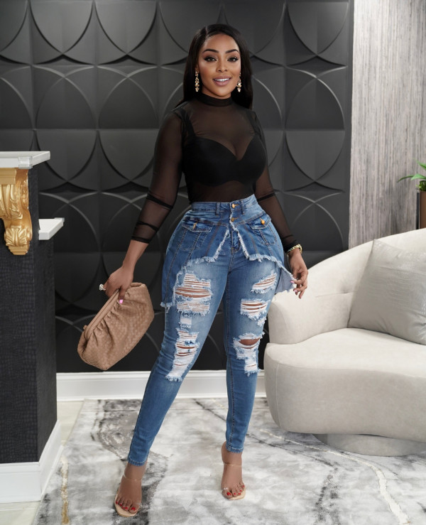 Denim Ripped Hole Skinny Jeans Pencil Pants LX-6934