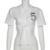 Fashion Letter Embroidery Short Sleeve Tie Up Crop Top XEF-K22L14492