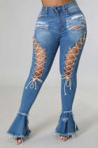 Plus Size Denim Ripped Hole Lace-Up Flared Jeans LX-5517