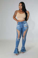 Plus Size Denim Ripped Hole Lace-Up Flared Jeans LX-5517
