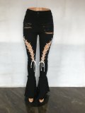 Plus Size Denim Ripped Hole Lace-Up Flared Jeans LX-5517