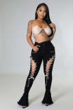 Plus Size Denim Ripped Hole Lace-Up Flared Jeans LX-5517