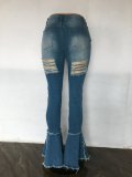 Plus Size Denim Ripped Hole Lace-Up Flared Jeans LX-5517