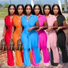 Plus Size Solid Short Sleeve Sashes Jumpsuit NM-8513