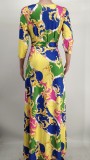 Sexy Printed V Neck Sashes Maxi Dress NK-8616