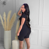 Solid Ribbed Short Sleeve Tight Sashes Romper HMS-5546
