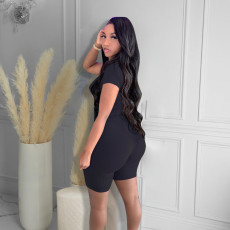 Solid Ribbed Short Sleeve Tight Sashes Romper HMS-5546