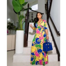 Sexy Printed V Neck Sashes Maxi Dress NK-8616