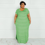 Plus Size Striped Short Sleeve Split Maxi Dress OSIF-22301
