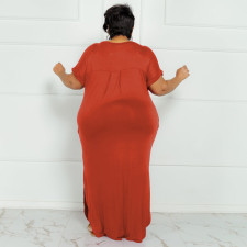 Plus Size Solid Short Sleeve Split Maxi Dress OSIF-22299