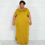 Plus Size Solid Short Sleeve Split Maxi Dress OSIF-22299