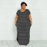 Plus Size Striped Short Sleeve Split Maxi Dress OSIF-22301