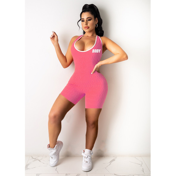 Letter Print Backless Cross-Strap Skinny Romper GCNF-01001