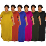 Plus Size Solid Short Sleeve Split Maxi Dress OSIF-22299