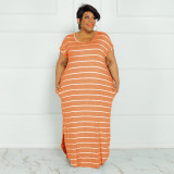 Plus Size Striped Short Sleeve Split Maxi Dress OSIF-22301