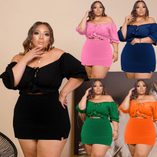 Plus Size Solid Slash Neck Crop Top Mini Skirt Sets PHF-13285