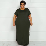 Plus Size Solid Short Sleeve Split Maxi Dress OSIF-22299