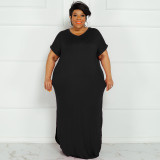 Plus Size Solid Short Sleeve Split Maxi Dress OSIF-22299
