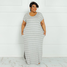 Plus Size Striped Short Sleeve Split Maxi Dress OSIF-22301