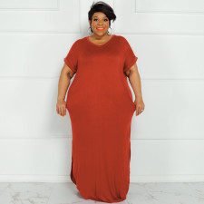 Plus Size Solid Short Sleeve Split Maxi Dress OSIF-22299