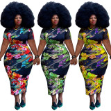 Plus Size Printed Short Sleeve Slim Maxi Dress OSIF-22298