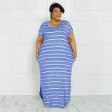 Plus Size Striped Short Sleeve Split Maxi Dress OSIF-22301
