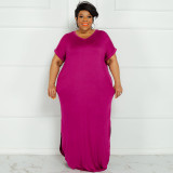 Plus Size Solid Short Sleeve Split Maxi Dress OSIF-22299