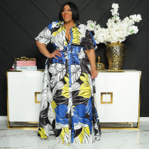 Plus Size Printed Short Sleeve Belted Maxi Dress OSIF-22258