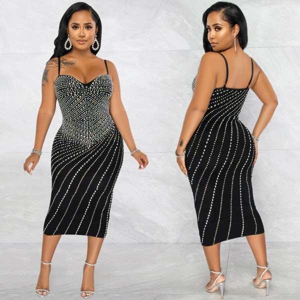 Sexy Hot Drilling Sling Night Club Midi Dress BY-5680