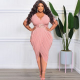 Plus Size Solid V Necl Short Sleeve Midi Dress (Without Belt)OSIF-22288