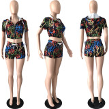 Graffiti Print Hooded Two Piece Shorts Sets YNSF-1825