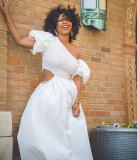 White Lantern Sleeve High Waist Hollow Maxi Dress OD-8493