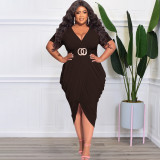 Plus Size Solid V Necl Short Sleeve Midi Dress (Without Belt)OSIF-22288