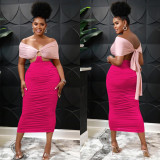 Contrast Color Off Shoulder Ruched Midi Dress BY-5770