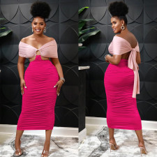 Contrast Color Off Shoulder Ruched Midi Dress BY-5770
