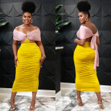 Contrast Color Off Shoulder Ruched Midi Dress BY-5770