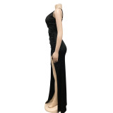 Sexy Solid Spaghetti Strap Split Maxi Evening Dress BY-5728