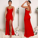Sexy Solid Spaghetti Strap Split Maxi Evening Dress BY-5728