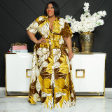 Plus Size Printed Short Sleeve Belted Maxi Dress OSIF-22258