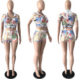 Graffiti Print Hooded Two Piece Shorts Sets YNSF-1825