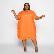 Plus Size Solid Ruffled Short Sleeve Midi Dress NY-2409