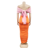 Contrast Color Off Shoulder Ruched Midi Dress BY-5770