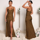 Sexy Solid Spaghetti Strap Split Maxi Evening Dress BY-5728