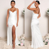 Sexy Solid Spaghetti Strap Split Maxi Evening Dress BY-5728