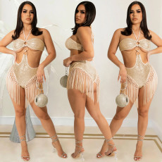 Sexy Sequin Tassel Hollow Out Halter Romper BY-5751